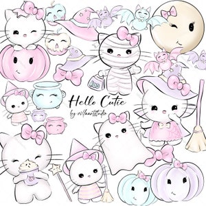 Hello Cutie Clipart Hand Drawn halloween Happy Halloween cute ghost kitty witch  Spooky clipart pink Clipart kitty clipart trick or treat