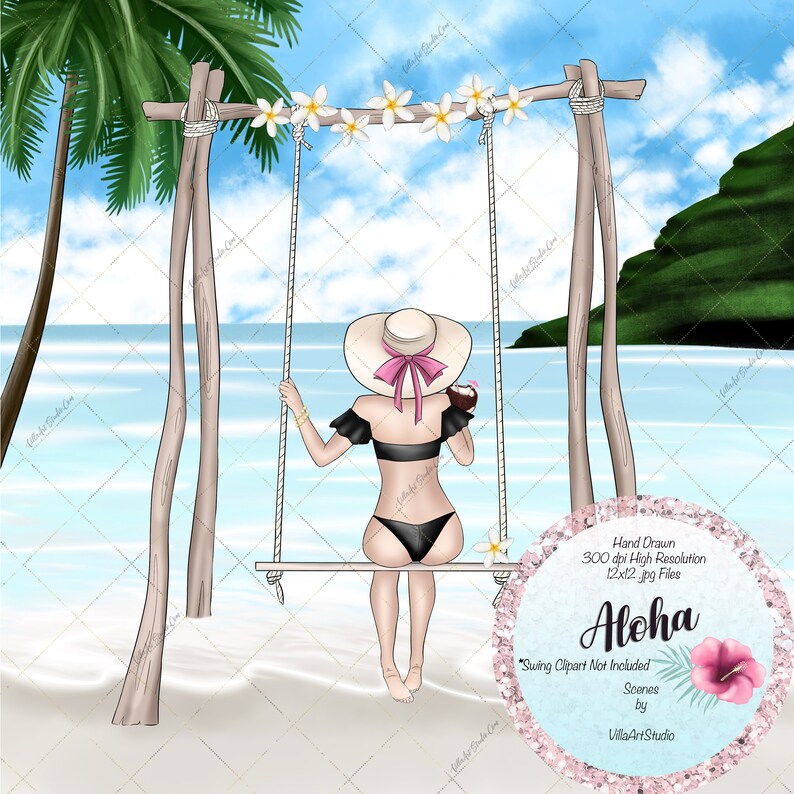 Beach art Surfer Girl Clipart planner needs tropical Island planner goodies Aloha Hand Drawn Scenes Summer Vacation coconut clipart
