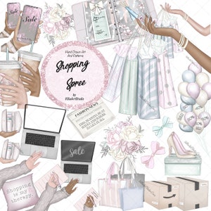 May include: A digital illustration of a shopping spree with pink, blue, and white shopping bags, a bouquet of flowers, a laptop, a mobile phone, coffee cups, and a pair of high heels. The text "Shopping Spree" is written in a pink circle with glitter. The text "Shopping is my therapy." is written on a pink cushion. The text "Sale" is written on a laptop and a mobile phone. The text "Fashion News" is written on a newspaper.