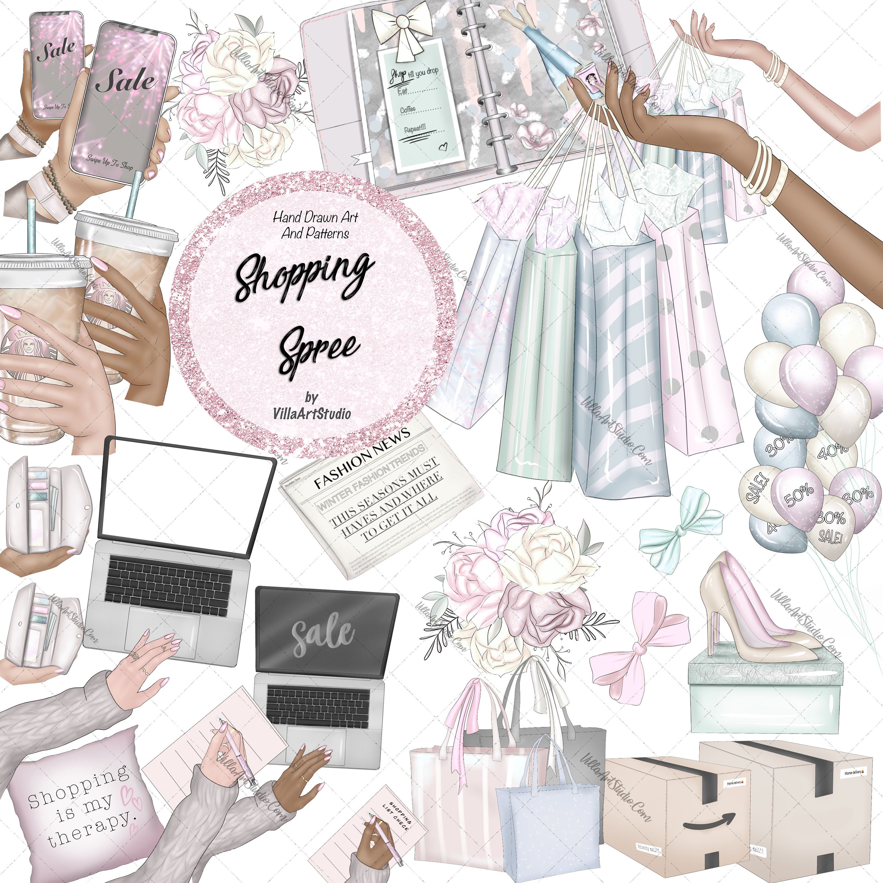 Shopping Spree Clipart, hand drawn clipart, online shopping, shopping bags, fashion shopping, my happy place, planner dashboard art