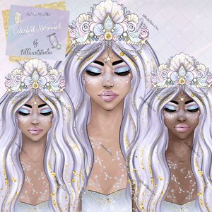 Op de afbeelding: Drie digitale illustraties van vrouwen met lang wit haar die een kroon van schelpen en parels dragen. Elke vrouw heeft een andere huidskleur en heeft haar ogen gesloten. De achtergrond is lichtpaars met gouden glitter en sterrenbeelden.