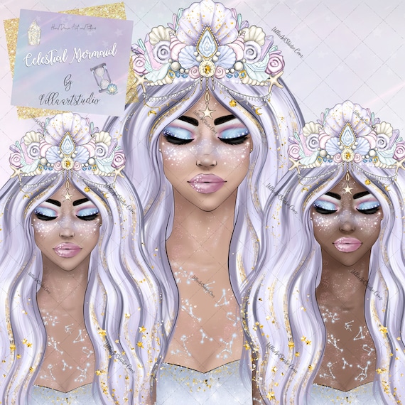 Celestial Mermaid, fashion girl, celestial mermaid, whimsical clipart, pastel galaxy, ocean and stars, mermaid and stars, Mermaid Queen