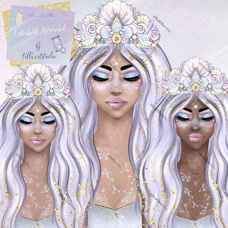 May include: Three digital illustrations of women with long white hair wearing a crown of seashells and pearls. Each woman has a different skin tone and has closed eyes. The background is a light purple with gold glitter and constellations.