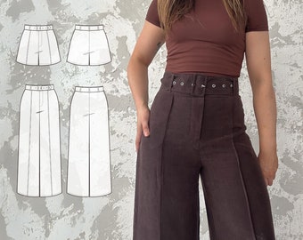 Wide leg pants PDF sewing pattern for women - NH Patterns Riviera trousers/shorts - wide leg trousers or shorts with a fly zipper and belt