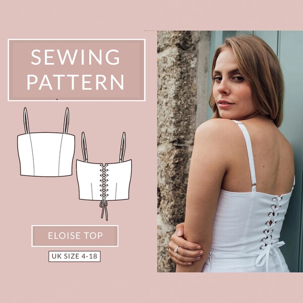 Lace up crop top sewing pattern - NH Patterns Eloise top - UK sizes 4-18 (US 0-14)