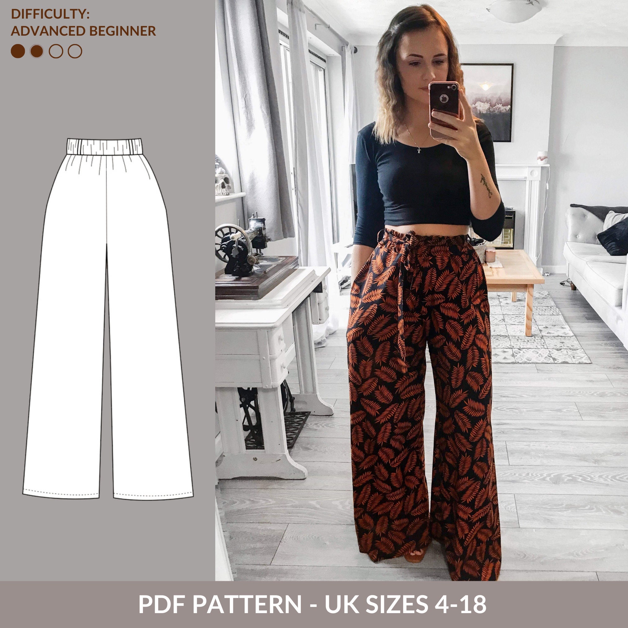 Protea Pants PDF Pattern, Sizes 00-30 hip 35-61, Chic and Modern Wide Leg,  Pleated Trouser Sewing Pattern 
