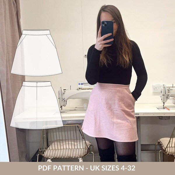 A-line skirt PDF sewing pattern for women - NH Patterns Susie skirt - a-line high waisted mini skirt with pockets and zipper fastening