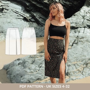 High waist midi skirt PDF sewing pattern for women - NH Patterns Sarah skirt - Midi skirt with slit pattern