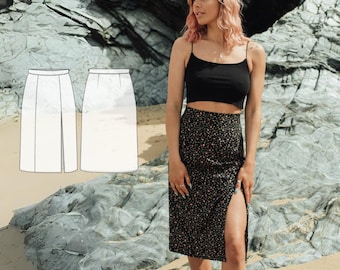 High waist midi skirt PDF sewing pattern for women - NH Patterns Sarah skirt - Midi skirt with slit pattern