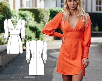 Dress PDF sewing pattern for women - NH Patterns Sophia dress - v neck dress with mini or midi length options
