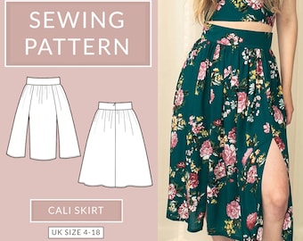 Midi skirt PDF sewing pattern for women - NH Patterns Cali skirt - high waisted gathered skirt with leg splits