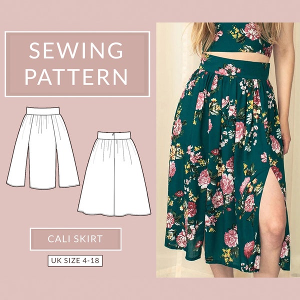 Midi skirt PDF sewing pattern for women - NH Patterns Cali skirt - high waisted gathered skirt with leg splits