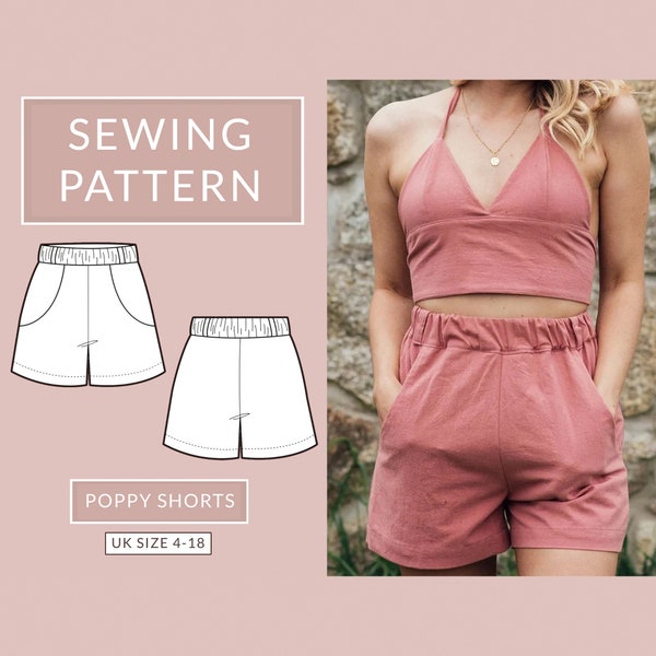 High waist shorts PDF sewing pattern - NH Patterns Poppy shorts - easy shorts pattern with pockets and an elasticated waistband