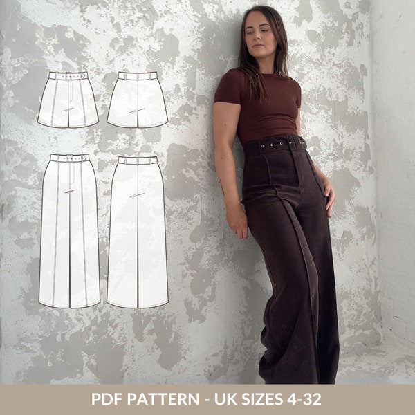 Wide leg pants PDF sewing pattern for women - NH Patterns Riviera trousers/shorts - wide leg trousers or shorts with a fly zipper and belt