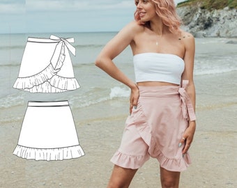 Mini skirt PDF sewing pattern for women - NH Patterns Gabriella skirt -  true wrap skirt with ruffle frill detail and tie fastening