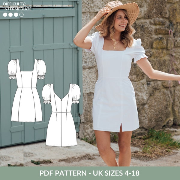 Puff sleeve dress PDF sewing pattern for women - NH Patterns Penelope dress - mini dress pattern with puff sleeves and a square neckline