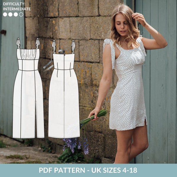 Womens dress PDF sewing pattern - NH Patterns Marina dress - Summer dress sewing pattern. Sundress in mini or midi lengths with tie straps
