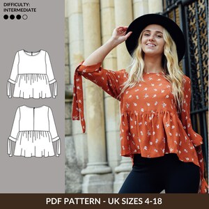 Blouse pdf sewing pattern for women - NH Patterns Zoey top - loose fit smock top with tie detail 3/4 sleeves and gathered peplum