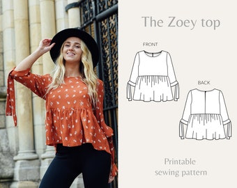 Women's tie sleeve smock top | PDF printable sewing pattern | Zoey top | Instant Download | UK 4-18/US 0-14 | A4, U.S letter, Printshop