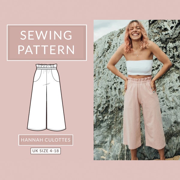 Culottes PDF sewing pattern for women - NH Patterns Hannah culottes - Pants sewing pattern with a paperbag elasticated waist and midi length