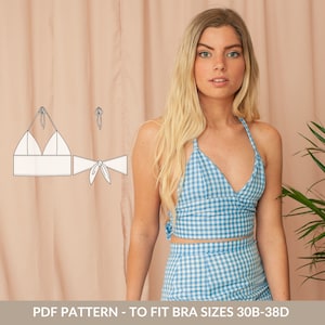 Halter crop top PDF sewing pattern for women - NH Patterns Ellie bralette - bralette style crop top with a tie back and halter neck