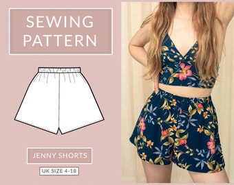 High waist shorts PDF sewing pattern for women - NH Patterns Jenny shorts - elasticated waist shorts sewing pattern