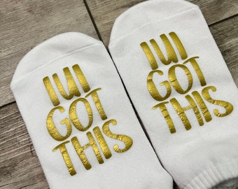 IUI Got This Socks, Infertility socks, IVF and Transfer Day socks, Inspiration and Motivational socks, Surgery and Hospital, Gold and Black.