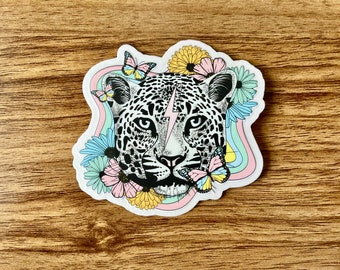 Retro Snow Leopard Sticker, Leopard Butterfly and Daisy Sticker, Leopard sticker for cups, cute groovy sticker, floral rainbow sticker.