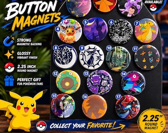 Pokémon Button Magnet | 2.25 Inch Refrigerator Magnet | Pokémon Gift | Gaming Room Decor | Gamer Gift | Pokémon Fan Art | Anime Magnet
