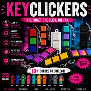 Puede incluir: Imagen promocional de los juguetes fidget Keyclickers, que muestra una gama de colores como el rojo, el azul y el verde. El texto dice "The Fidget. The Click. The Fun." y "¡Más de 10 colores para coleccionar!" Estos juguetes de bolsillo están diseñados para aliviar el estrés y la concentración.