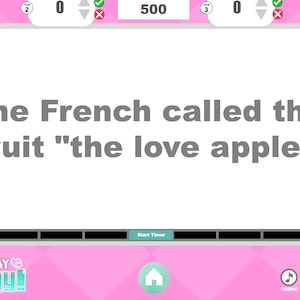 Pode incluir: Um tabuleiro de jogo Jeopardy com tema do Dia dos Namorados com a pergunta "Os franceses chamaram esta fruta de "ma&ccedil;&atilde; do amor.""