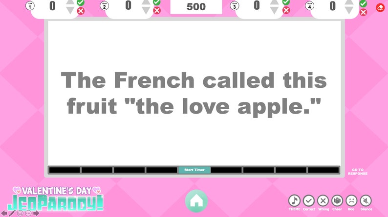 Pode incluir: Um tabuleiro de jogo Jeopardy com tema do Dia dos Namorados com a pergunta "Os franceses chamaram esta fruta de "ma&ccedil;&atilde; do amor.""