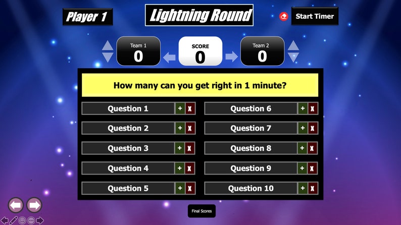 May include: A game show screen with the text "Lightning Round" and "How many can you get right in 1 minute?"  The screen shows a score of 0 for each team and a timer that says "Start Timer". There are 10 questions with a plus and an X button next to each question.