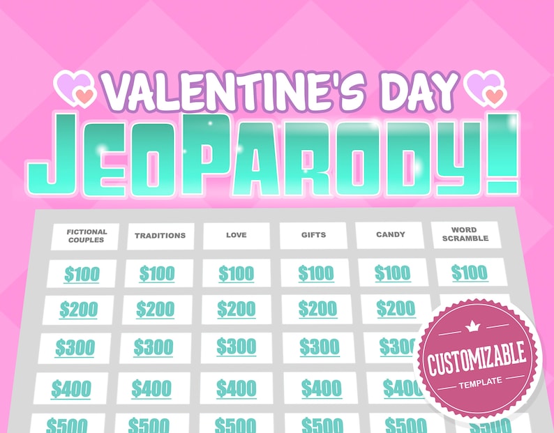 Pode incluir: Um modelo de tabuleiro de jogo Jeopardy com tema do Dia dos Namorados com categorias como Casais fict&iacute;cios, Tradi&ccedil;&otilde;es, Amor, Presentes, Doces e Descifrar palavras. O tabuleiro tem um fundo rosa com um selo personaliz&aacute;vel rosa e branco.