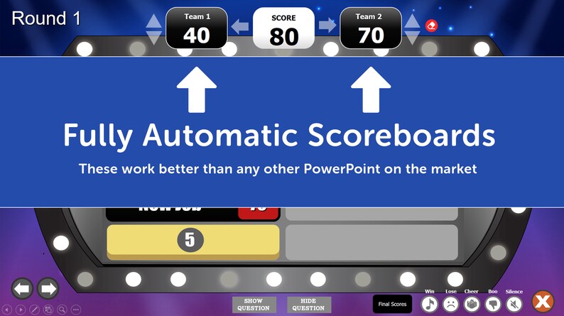 May include: A blue and white scoreboard with the text "Round 1", "Team 1", "Team 2", "SCORE", "Fully Automatic Scoreboards", and "These work better than any other PowerPoint on the market". The scoreboard shows the scores for each team: Team 1 has 40 points, Team 2 has 70 points, and the score is 80.