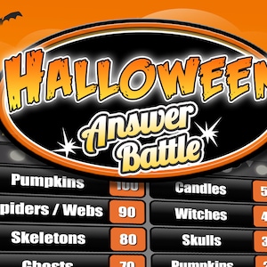 Puede incluir: Un tablero de juego de Halloween con fondo negro y borde naranja. El tablero tiene un título que dice "Halloween Answer Battle". El tablero enumera varios artículos con temática de Halloween con valores de puntos, como calabazas, arañas, telarañas, esqueletos y calaveras.