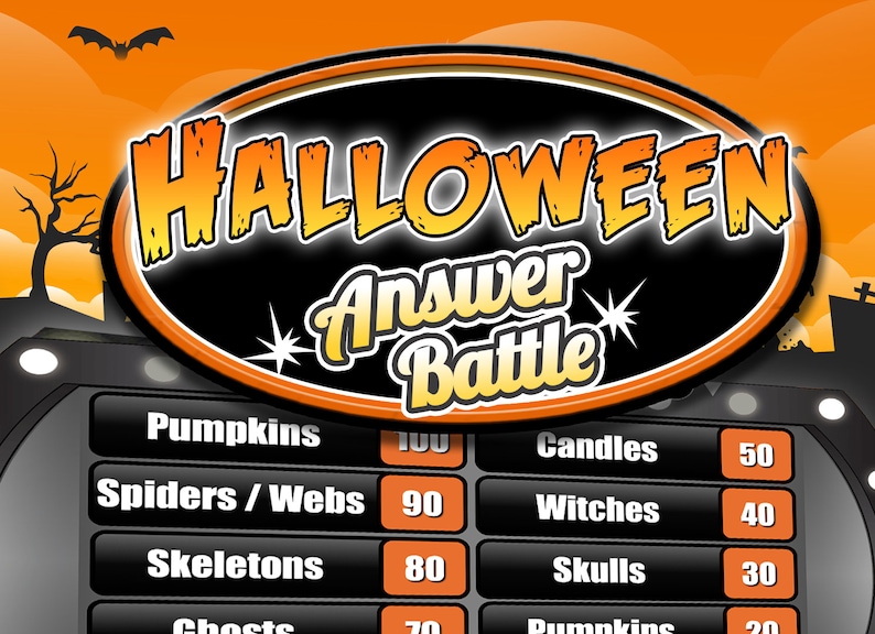 May include: A Halloween-themed game board with a black background and orange trim. The board has a title that reads "Halloween Answer Battle". The board lists various Halloween-themed items with point values, such as pumpkins, spiders, webs, skeletons, and skulls.