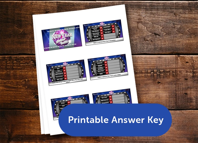 May include: Printable New Year's trivia game with 3 rounds of questions. Each round has a different theme, such as "Name something people do right after the New Year's countdown" or "Name a common New Year's resolution".