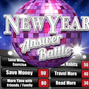 Peut inclure: Un plateau de jeu de type jeu télévisé avec une boule disco et le texte "NEWYEAR Answer Battle". Le plateau comporte cinq rangées avec différentes résolutions du Nouvel An et des points attribués à chacune. Les résolutions sont : Perdre du poids/Faire de l'exercice, Économiser de l'argent, Plus de temps avec les amis/la famille, Briser les habitudes, Voyager plus et Lire plus.