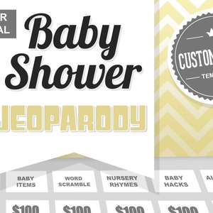 Virtual Baby Shower Game Gender Neutraal JeoParody Template Aanpasbaar Mac en PC en iPad bewerkbaar Fun Aesthetic afbeelding 1