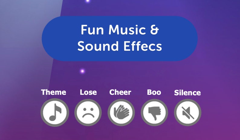 May include: A purple background with a blue banner that says "Fun Music & Sound Effects". Below the banner are five gray circles with icons representing different sound effects: a musical note, a sad face, clapping hands, a thumbs down, and a mute symbol. The text below each icon reads "Theme", "Lose", "Cheer", "Boo", and "Silence".
