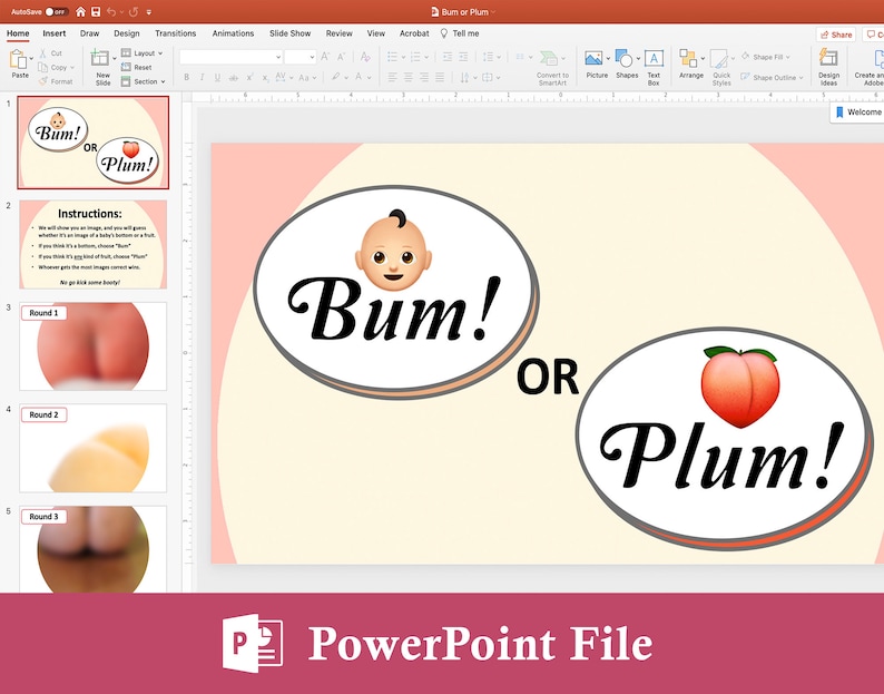 May include: A PowerPoint presentation slide with the title "Bum or Plum!" featuring two ovals with the words "Bum!" and "Plum!" and related emojis. The presentation includes instructions and images for a guessing game.