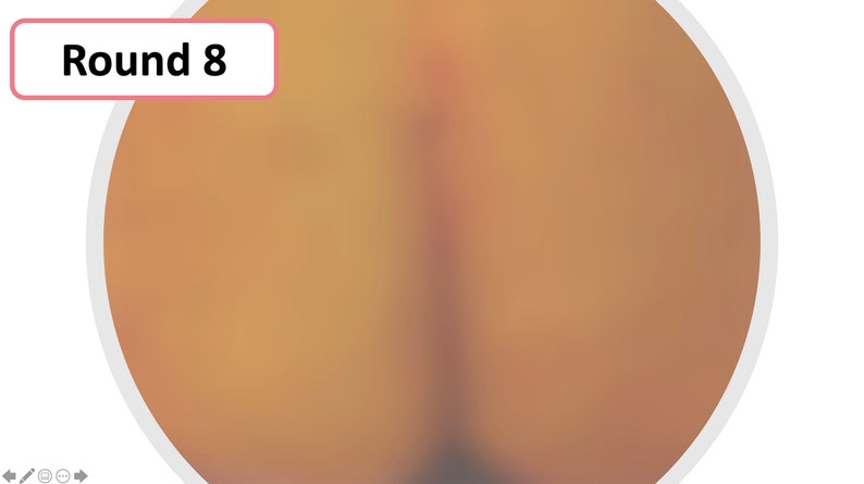 May include: A circular graphic with a gradient of orange and brown hues. The text "Round 8" is displayed in a white font within a pink rectangular box in the upper left corner. The image has a blurred effect.
