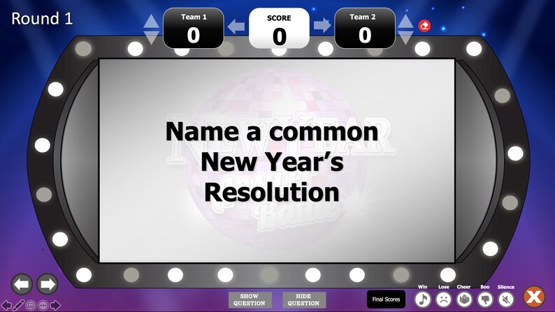 May include: A game show screen with the text "Name a common New Year's Resolution" displayed. The score is 0 for both teams. The game is in round 1.