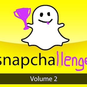 May include: A white ghost holding a purple trophy with the text "snapchallenge! Volume 2" on a yellow background.