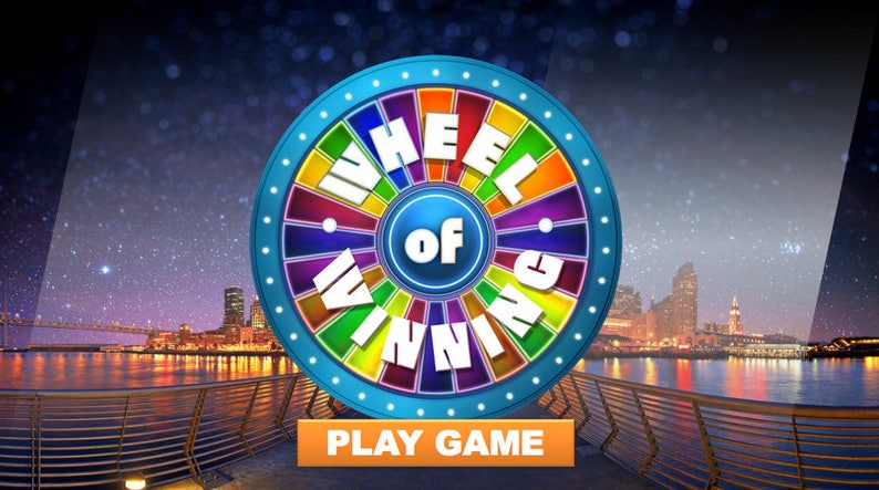 May include: A colorful wheel of fortune game with the text "Wheel of Winning" and a button that says "Play Game". The wheel is set against a backdrop of a city skyline at night.