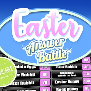 May include: A customizable Easter answer battle game template with a blue and pink sign that says "Easter Answer Battle". The game board has a black background with white text and numbers. The categories include Chocolate Eggs, Brer Rabbit, Peter Rabbit, Easter Bunny, and Bugs Bunny.