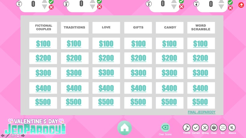 Pode incluir: Um tabuleiro de jogo de Jeopardy com tema do Dia dos Namorados com categorias como Casais Fict&iacute;cios, Tradi&ccedil;&otilde;es, Amor, Presentes, Doces e Descifrar Palavras. Cada categoria tem cinco valores em d&oacute;lares: $100, $200, $300, $400 e $500. Tamb&eacute;m h&aacute; uma categoria de Jeopardy final.