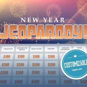 New Year&#39;s Eve JeoParody with Scoreboard - Fun Trivia PowerPoint Game - Mac, PC, and iPad Compatible Virtual Zoom Meeting Skype 2021 2022