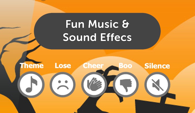 May include: A graphic with the text "Fun Music & Sound Effects" in a black rectangle on an orange background.  Five circles with icons and text labels: "Theme" with a musical note, "Lose" with a sad face, "Cheer" with clapping hands, "Boo" with a thumbs down, and "Silence" with a mute symbol.